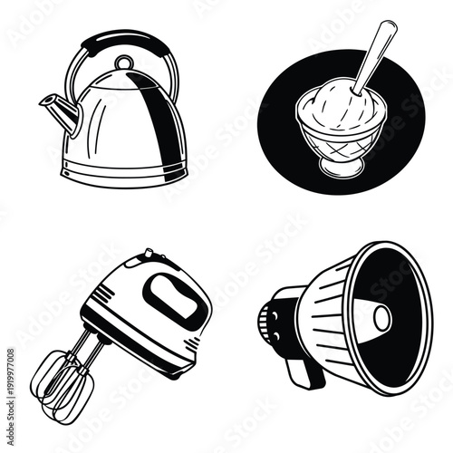 Hand Mixer, Kettle, Ice Cream Bowl, and Megaphone Icon Set