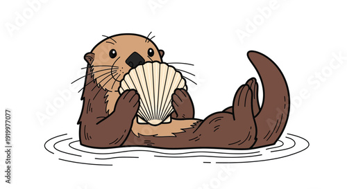 Cute cartoon otter laying on its back in water, holding a large shell with its paws. The otter looks content, with gentle ripples around it.