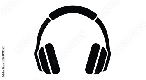 Simple black and white graphic icon representing over ear stereo headphones perfect for music audio communication technology concepts or podcasting