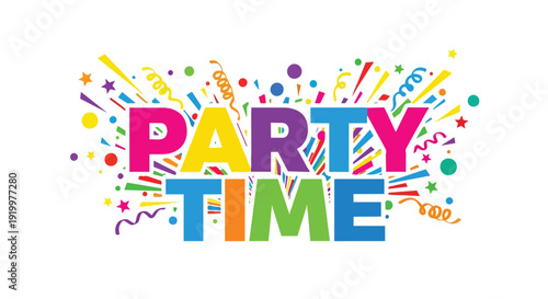 Dynamic 'Party Time' graphic featuring a burst of vibrant confetti and curled streamers, ideal for festive event invitations and spirited