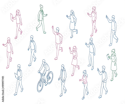 Isometric illustration of people engaged in various daily activities like walking, cycling, and commuting.
