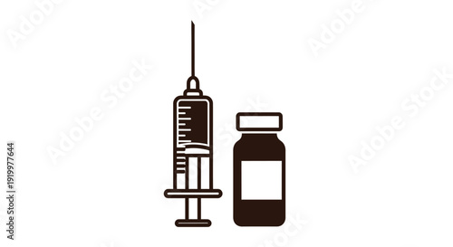 Simple dark brown silhouette icon representing a medical syringe next to a small vial often symbolizing vaccination treatment or drug injection administration concepts.