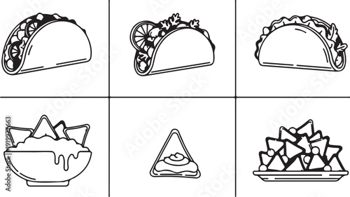 Tacos and Nachos with Dip Line Art Icons: Mexican Food Variety Isolated on white background