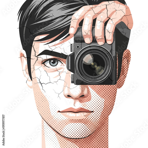 Man's face transforming into camera, cracked texture, artistic concept