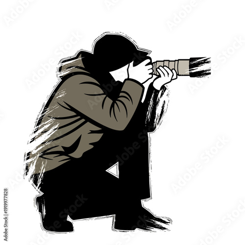 Photographer crouching, aiming professional camera with telephoto lens, artistic brush strokes