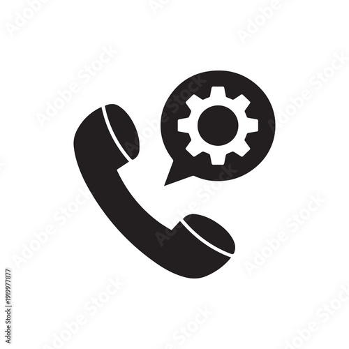 Black telephone receiver with gear symbol in speech bubble for support