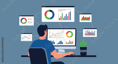 Person sits at a desk with a computer displaying colorful charts and graphs. Floating windows around show additional data visuals. Tone is analytical.