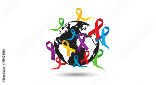 Colorful ribbons surrounding a black and white globe symbolizing global unity and awareness.