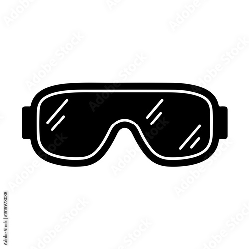 black and white icon of classic laboratory goggles. Featuring a bold, thick-rimmed frame and a wide wrap-around design, this vector-style graphic symbolizes eye protection, scientific research