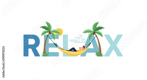 Peaceful tropical vacation scene with a person relaxing in a hammock between two palm trees under a bright sun, symbolizing calm and tranquil