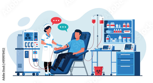 Illustration of a patient receiving dialysis in a medical setting. A nurse assists, with equipment and supply shelves nearby, conveying a calm, clinical tone.