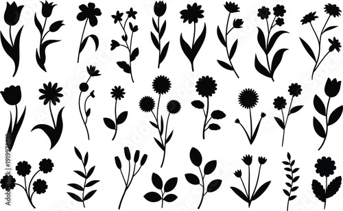 Silhouettes of twenty-five diverse flowers arranged in a grid, showcasing botanical variety, floral shapes, natural beauty, decorative design elements, and artistic botanical illustration.