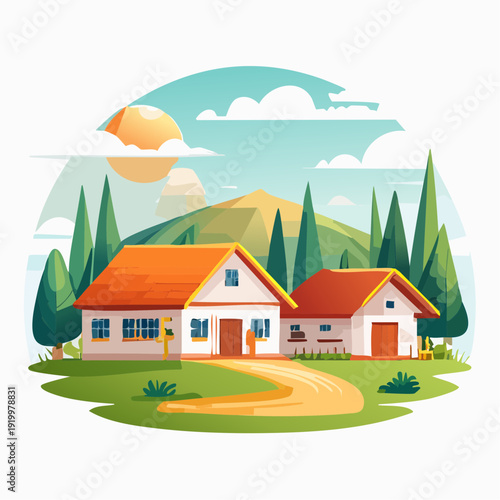 Charming cartoon village scene featuring cozy homes nestled amidst lush green trees and rolling hills under a bright, sunny sky illustration