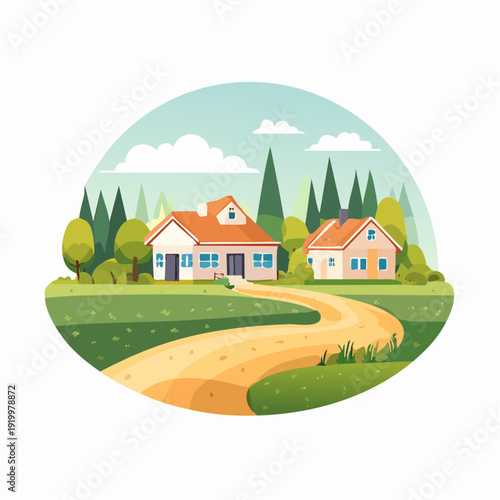 Charming rural landscape illustration featuring cozy homes nestled amidst green trees and a winding road under a peaceful sky