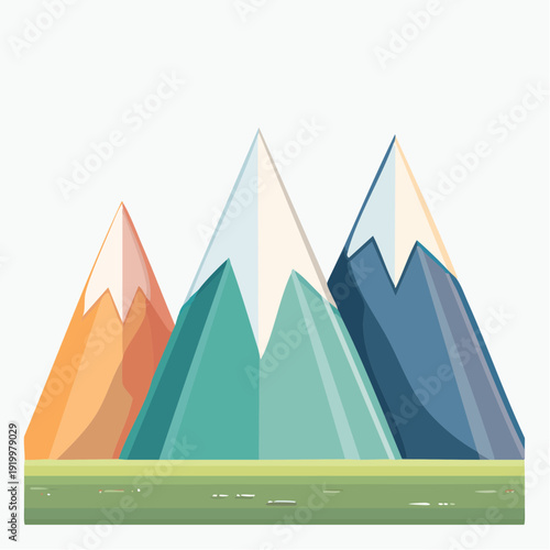 Stylized Mountain Range with Snowy Peaks and Green Valley Illustration