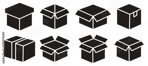 Black box line icon. Opening an empty shipping box or unboxing line art. A collection of cardboard box icons. Suitable for website design, logos, apps, templates, UI, and more. Vector illustration.