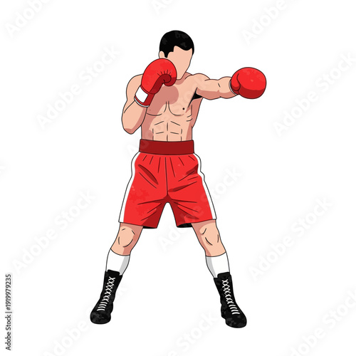 Boxer in Red Shorts and Gloves, Fighting Stance