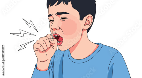 Illustration of a person in a blue shirt coughing, with expression lines indicating discomfort. Sound waves emphasize the act of coughing.