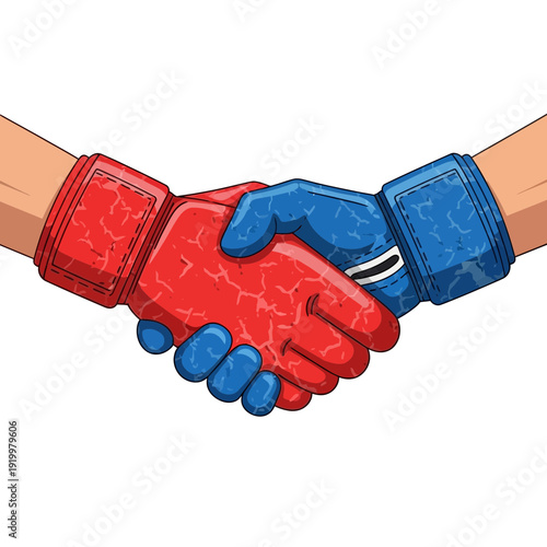 Handshake with boxing gloves, red and blue, representing agreement and sportsmanship.