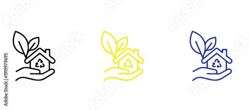 Hand Holding Eco House Icon Set, Vector Symbol for Green Building, Sustainable Real Estate, Home Recycling, and Environmental Living in Minimalist Line Styles for Architecture and Nature Design