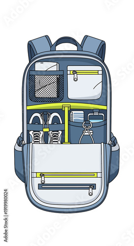 Overhead view of an open blue backpack with organized compartments and yellow accents on a white background.
