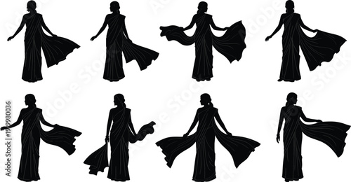 Elegant Indian saree silhouettes in graceful poses, traditional draped garment fashion illustration, cultural attire vector art, flat vector illustration