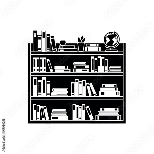 Bookshelf with various books and decorative items.