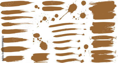 The image features a creative arrangement of brown paint strokes and splatters against a white background. The strokes vary in size and shape, with some being broad and horizontal,