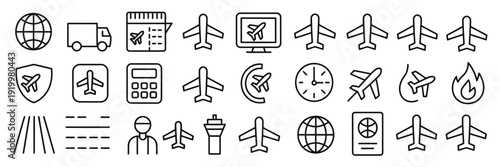 Set of 30 Plane Outline Icons, Linear Aviation and Air Travel Collection with Editable Stroke, Clean Vector Illustration for Web and App Design