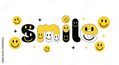 A cheerful graphic artwork spelling 'SMILE' with vibrant yellow and black emoji faces and sparkling star accents