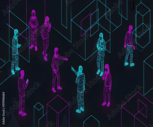 Isometric pixel art scene featuring magenta and cyan humanoid figures in a dark digital space.