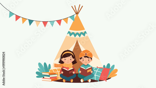 Diverse boy and girl happily sitting in front of a whimsical teepee, engrossed in reading books, fostering a love for learning and imagination.