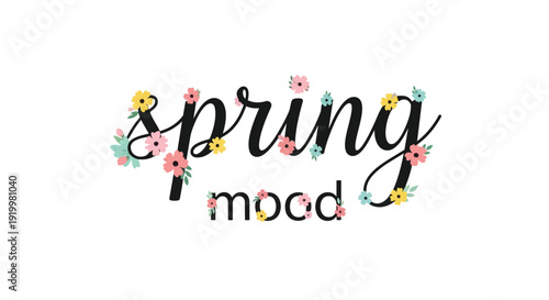 An enchanting typographic design celebrating the arrival of spring with a vibrant display of delicate blossoms intertwined with elegant script,