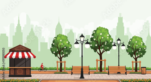 Flat vector illustration of a beautiful city park featuring street lamps trees benches small shop kiosk and modern building skyline.