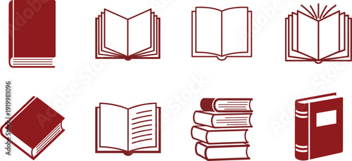 Book collection vector icons featuring open and closed hardcover library volumes