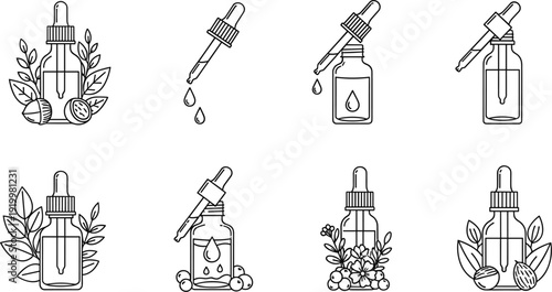 Essential oil dropper bottle line icons set featuring natural herbal extract packaging