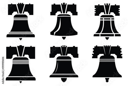 Liberty Bell icon set in silhouette style isolated on white background representing historical American symbols, independence day, patriotic landmarks
