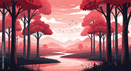 Stunning monochromatic red nature landscape illustration featuring a winding river dense forest large trees majestic mountains and flying birds.