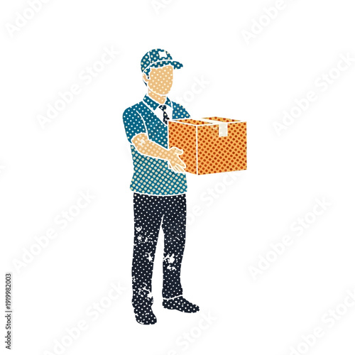 Delivery man holding package, retro halftone style illustration