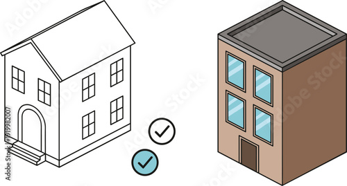 Residential house comparison vector illustration featuring outline home and isometric building design