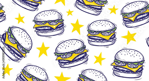 Sketch Hamburger And Yellow Stars Seamless Background Pattern