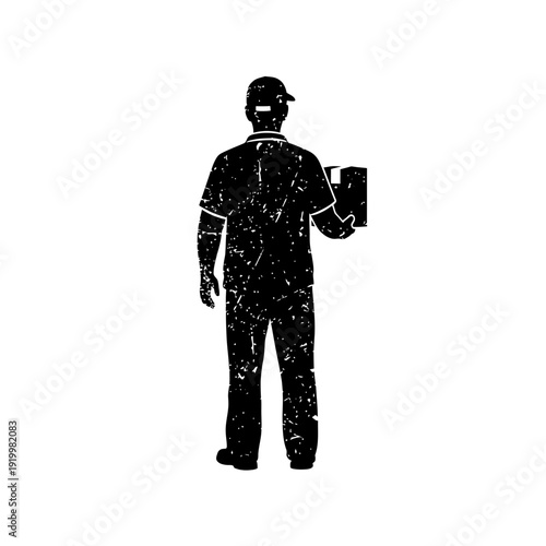 Delivery person silhouette holding package, distressed texture