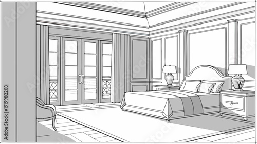 Elegant Bedroom Interior Design Sketch with Balcony Access.