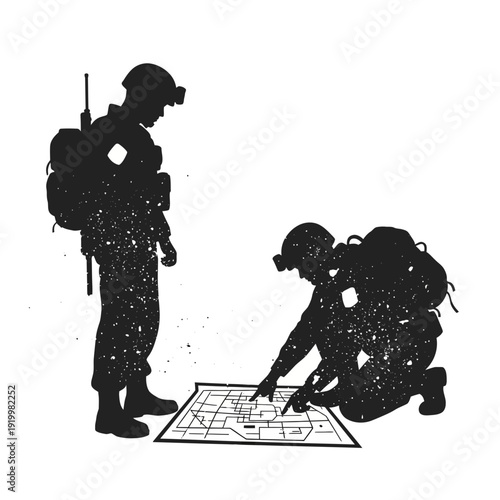 Military soldiers studying map silhouette