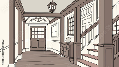 Elegant Foyer Illustration with Staircase and Classic Design.