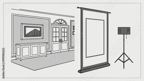 Elegant Interior with Screen and Music Stand Illustration.