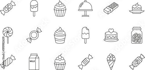 Sweet treats line icons set featuring candy cupcake ice cream chocolate milk dessert