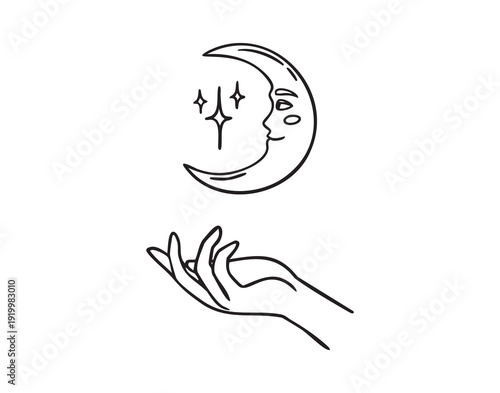 Hand holding crescent moon with face and star, vintage celestial, hand drawn, line art outline, hand drawn