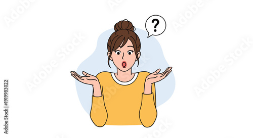 Confused young woman with her hands raised and a question mark in a speech bubble expresses uncertainty or doubt.