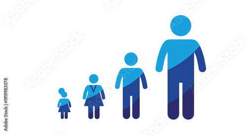 Four family members shown as stylized silhouettes in varying heights and shades of blue representing growth and unity.